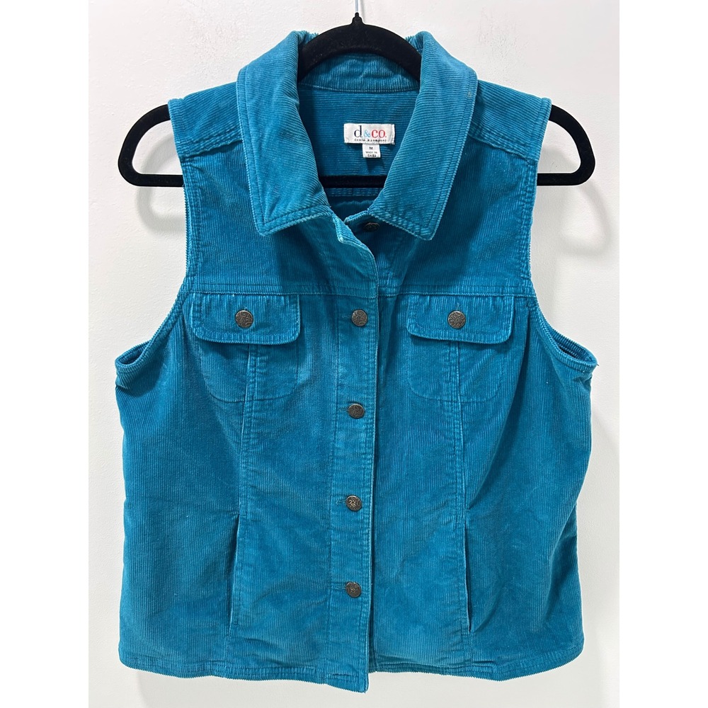 Denim & Co Teal Blue Corduroy Vest Womens Medium Button Front Pockets Sleeveless